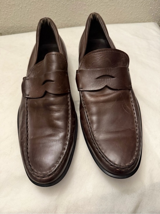 Tod\'s Dark Brown Leather Penny Loafers, pre-owned, gently owned.